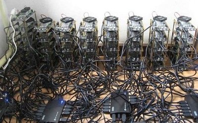 Vast cryptocurrency mining farm with rows of mining rigs